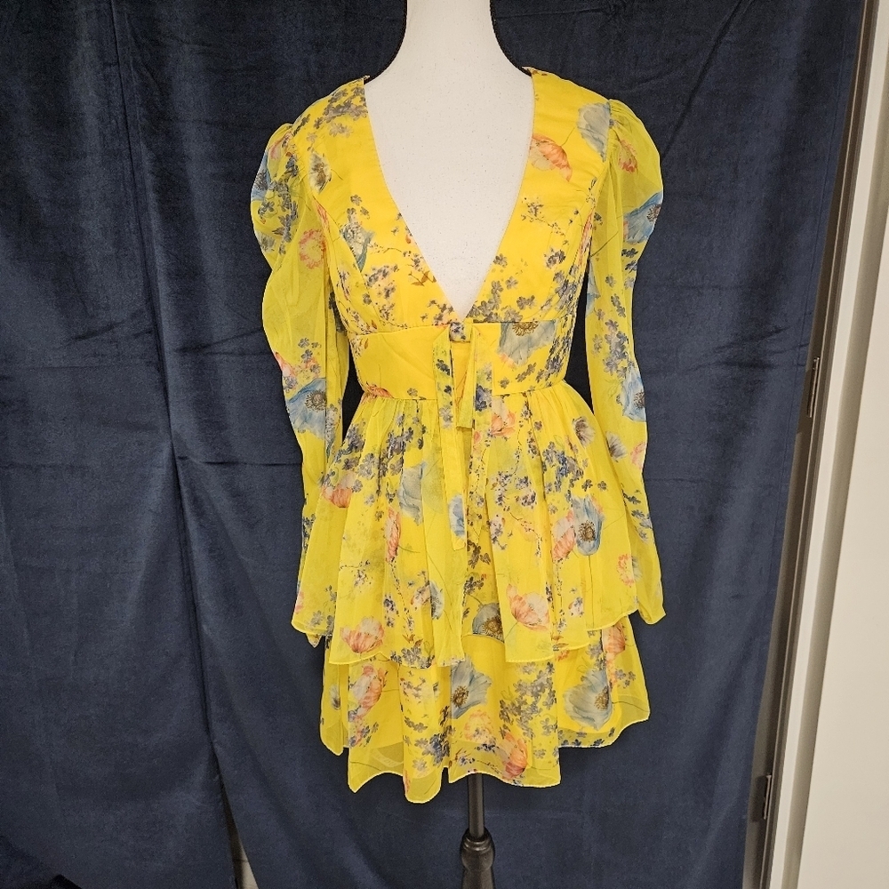 NWT Mac Duggal Yellow Chiffon Ruffled Tiered Long Sleeve Dress Sz 2 - Picture 6 of 15